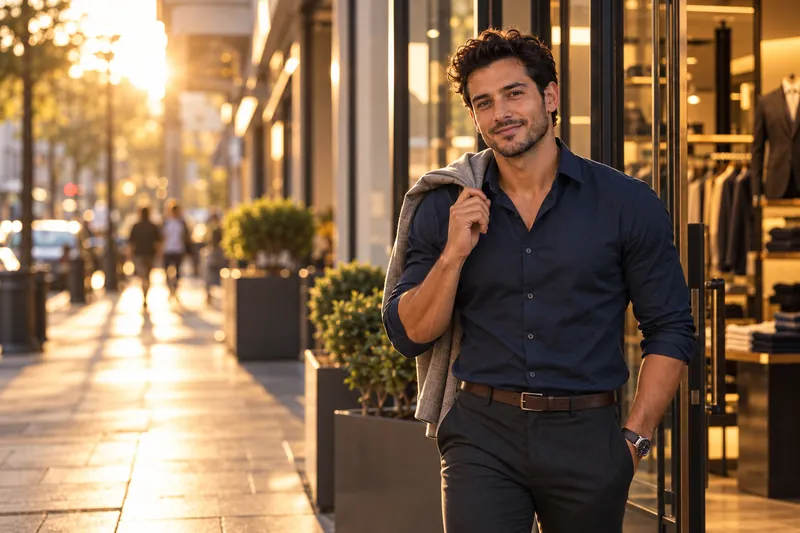 Generated photo of a fictional man leaving work at golden hour